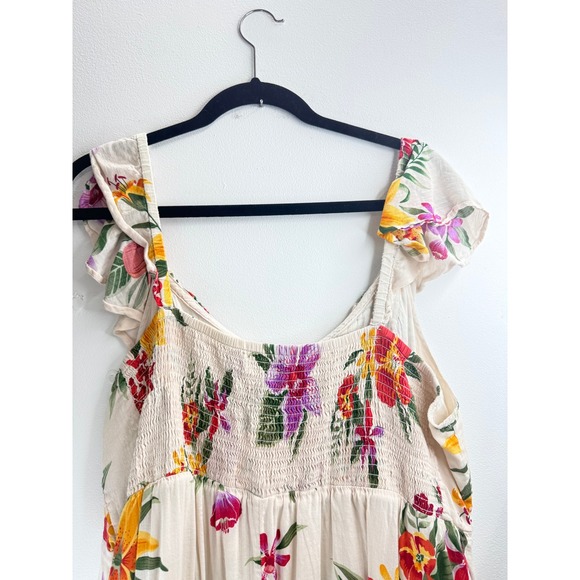 Old Navy Women's Floral Ruffle Smocked Midi Dress Cream Multi Sz 2X Boho Comfy - Picture 6 of 11